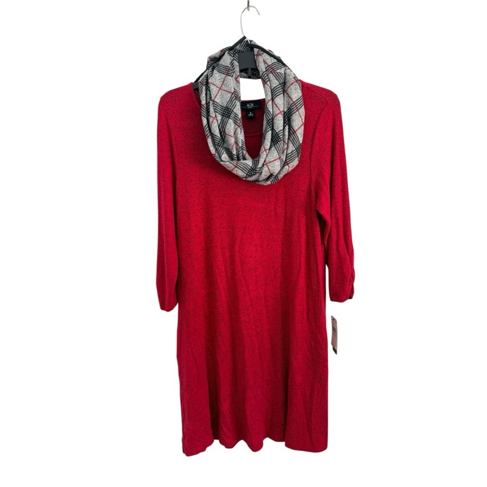 AGB Knit Dress Red Gray Plaid Scarf Size Medium Holiday Colorful